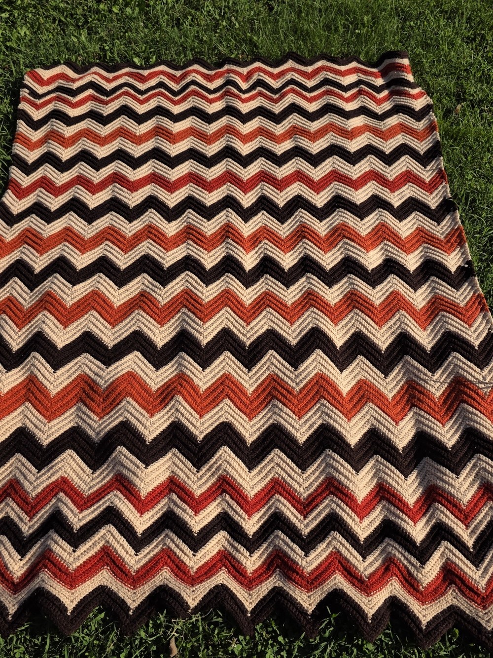 Vintage Handmade Crochet Afghan – Chevron Zigzag - Rust/Brown/Cream – 76×54